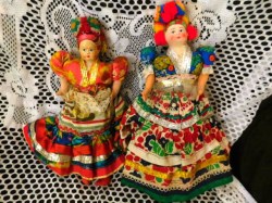 12", 11" HUNGARIAN DOLLS, COMPO FACES, CLOTH BODY, MITT HANDS, RED BOOTS, ORIGINAL COSTUMES